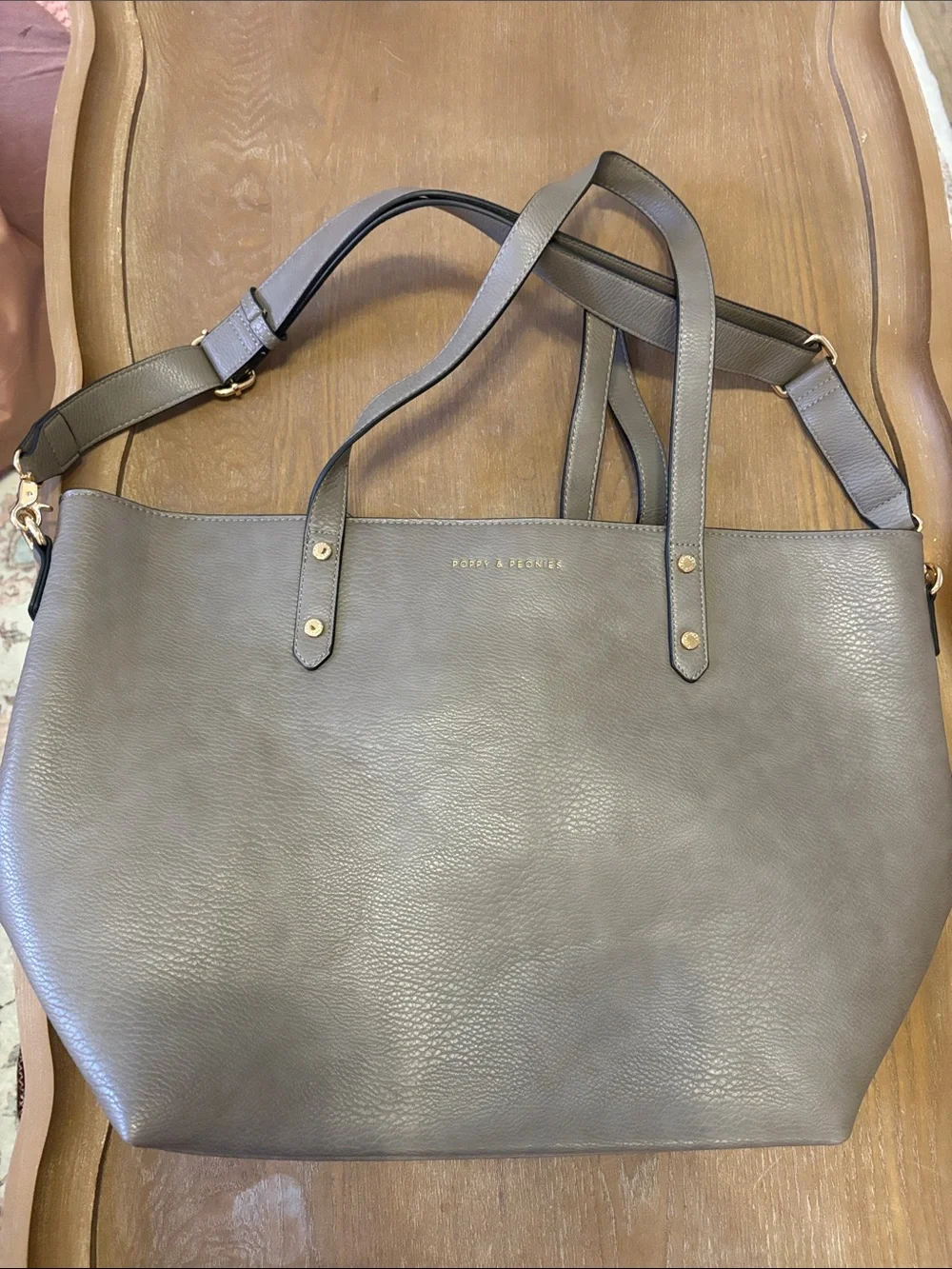 Poppy & Peonies Gray Pebbled Leather Tote with Adjustable Strap